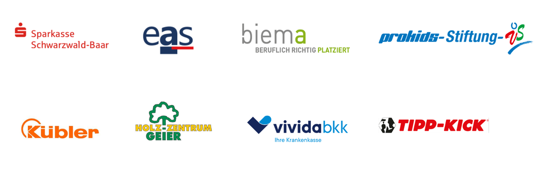 Eine Sammlung von neun farbenfrohen Firmenlogos, die in drei Reihen auf weißem Hintergrund angeordnet sind, darunter Sparkasse Schwarzwald-Baar, eas, biema, prokids-Stiftung, Kübler, Holz-Zentrum Geier, vivida bkk und TIPP-KICK.