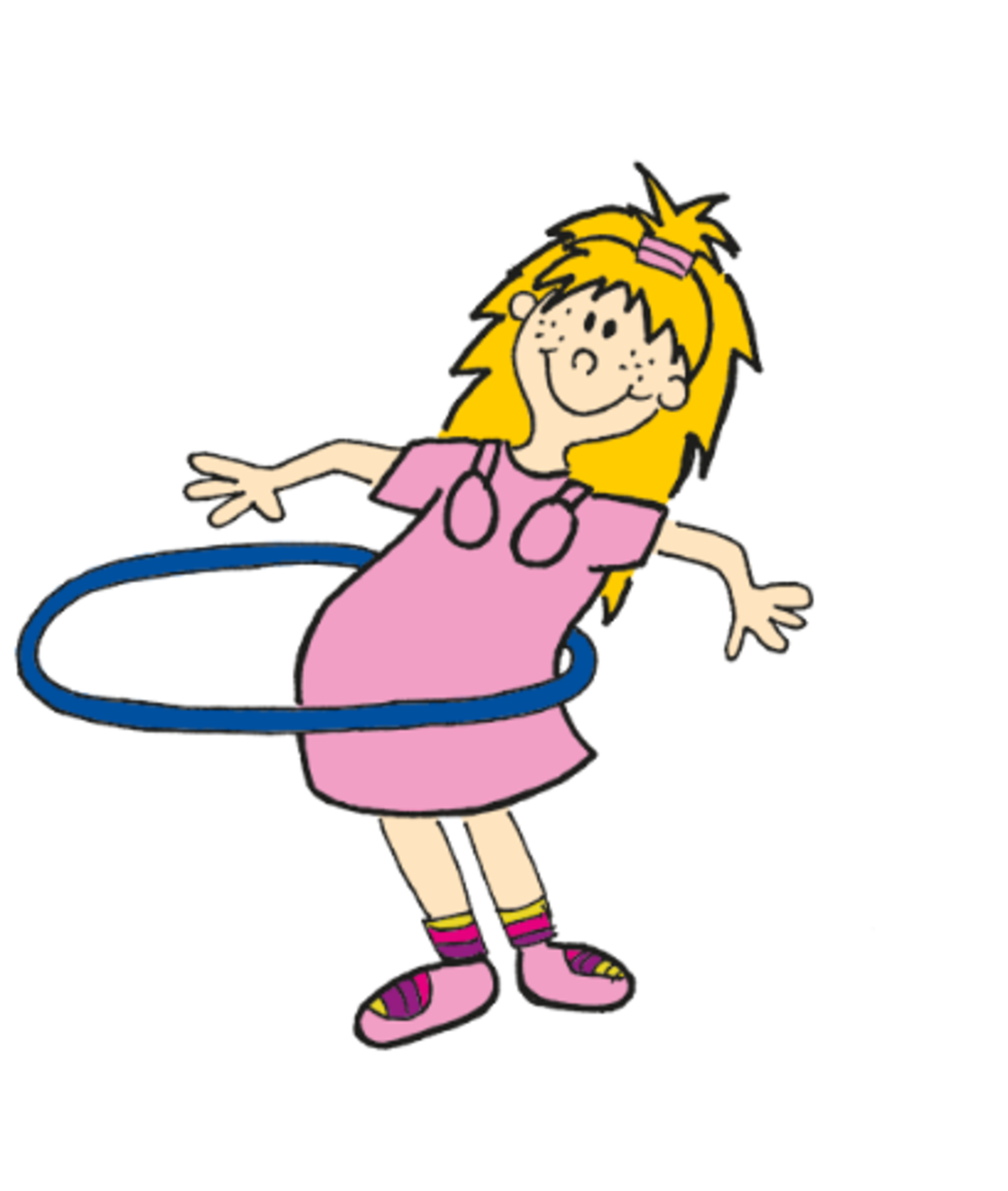 Ein Cartoon-Mädchen mit gelben Haaren, das ein rosa Kleid und Schuhe trägt, lächelt und einen blauen Hula-Hoop-Reifen um ihre Taille kreisen lässt.
